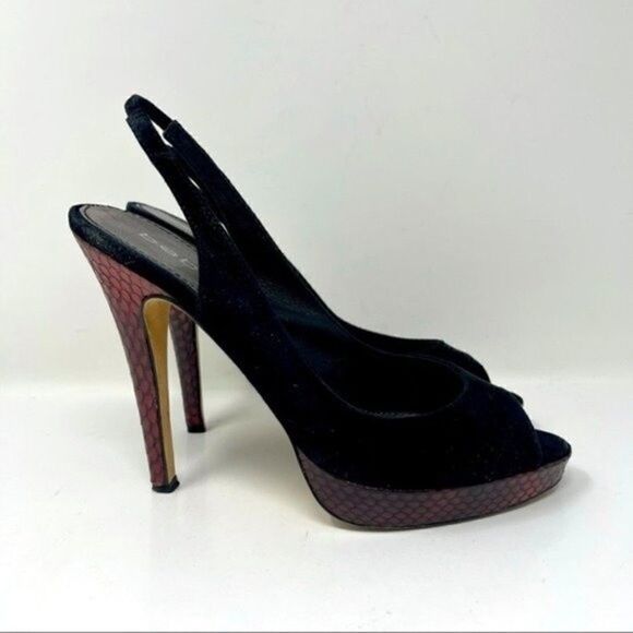 Bebe platform sling back heels black suede red snake skin stiletto 9B BoxD - Picture 3 of 9